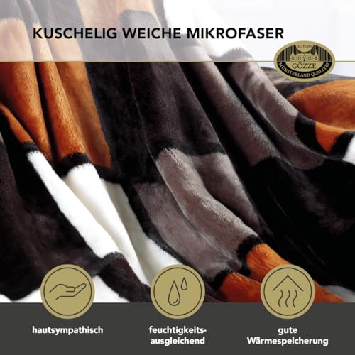 Gözze - Weiche Kuscheldecke, Cashmere Feeling, Hohes Stoffgewicht 500 g/m², Antigua, 150 x 200 cm - Zimt/Schwarz/Weiß
