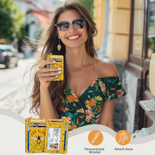 Image of Yonlevres Bee Credit Card Holder Slim RFID Wallet Women Small Travel Cute | Front Pocket, Handy, RFID Blocking, Woman Girls Ladies Gifts, D-ring for Keychain,Thin Mini Card Case, ID Window, PU Leather
