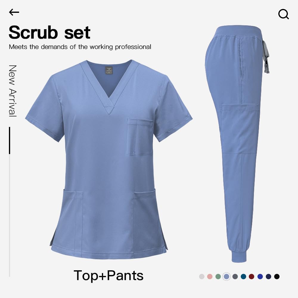 Work Clothes Set for Men and Women, V-Neck Professional Uniform with Pockets, Moisture-Wicking Polyester
