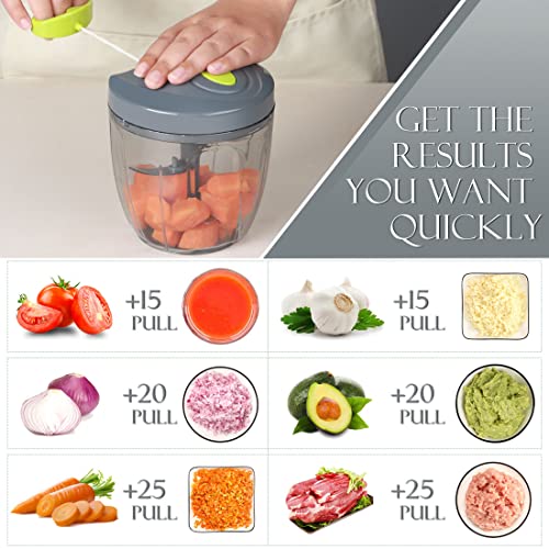 Image of Ourokhome Manual Food Processor Vegetable Chopper, Portable Hand Pull String Garlic Mincer Onion Cutter for Veggies, Ginger, Fruits, Nuts, Herbs, etc., 900ml, Grey