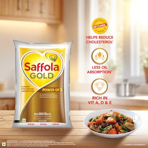 Image of Saffola Gold Refined Cooking oil | Power of 3 - Balance of Good Fats, Triple Anti-Oxidant System & Fortified with Vitamins | Multi-Source Edible Rice Bran & Sunflower Oil | 3 Litre Standee pouch