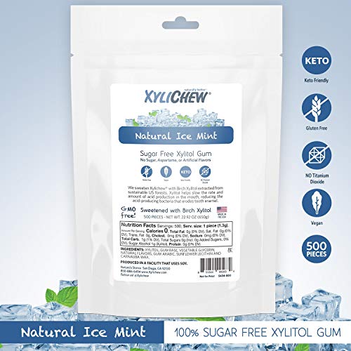 Xylichew 100% Xylitol Chewing Gum - Non GMO, Non Aspartame, Gluten Free, and Sugar Free Gum - Natural Oral Care, Relieves Bad Breath and Dry Mouth - Ice Mint, 500 Count