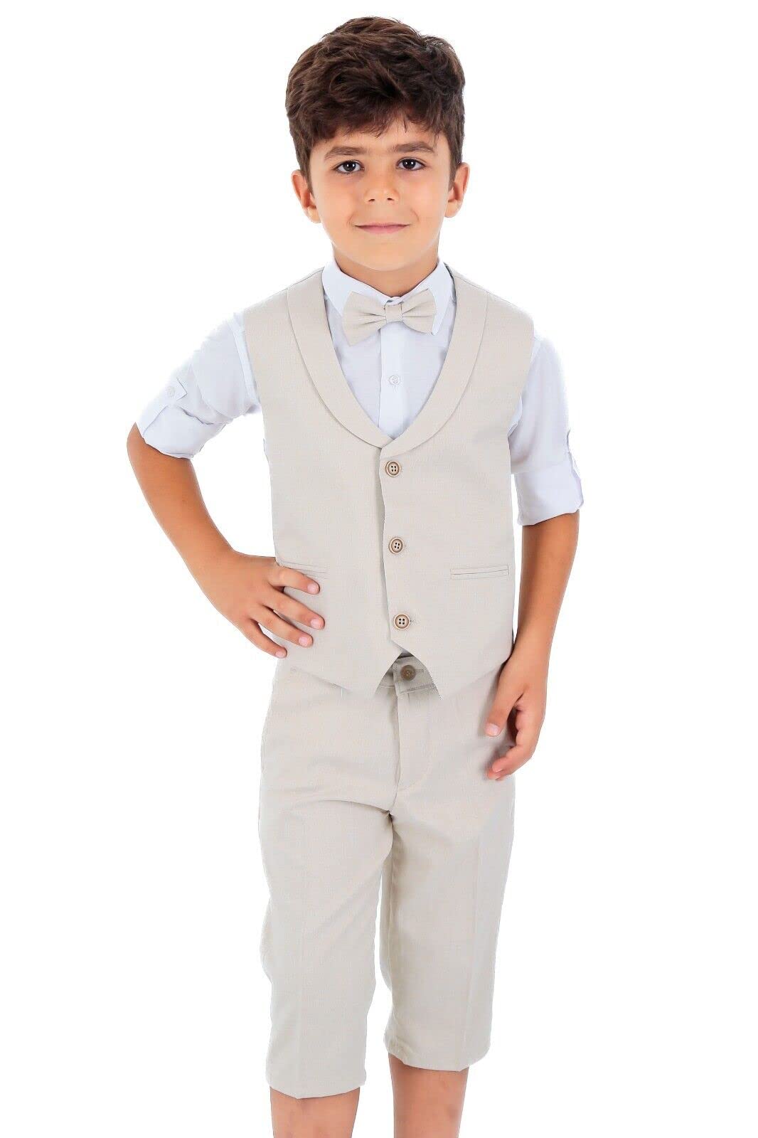 SIRRI Conjunto de chaleco para bebés y niños pequeños, 4 piezas, algodón y lino, conjunto formal de boda con opción de pantalones o edad corta de 3 meses a 8 años