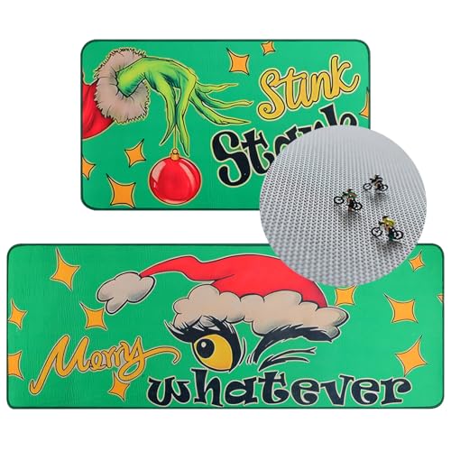 Merry Christmas Kitchen Rugs and Mats Set of 2, Christmas Green Kitchen Decoration, Christmas Kitchen Carpe,Non Slip Absorbent Kitchen Mats for Floor Washable Runner Rug for Laundry Room Rugs
