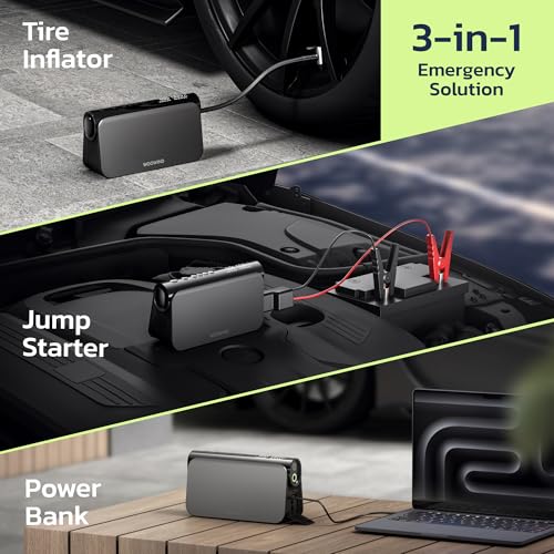 Image of Woowind Jump Starter with Air Compressor 3-in-1 Car Battery Booster, 65W Power Bank, 150 PSI Portable Tire Inflator for 6.0L Gas, 3.0L Diesel Engines, 16000mAh Battery Booster with LED Light