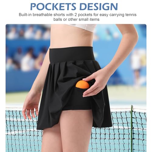 Bezioner Saia de tênis feminina evasê plissada com shorts e bolso para golfe atlético, Preto, 10-12