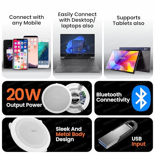 Image of DULCET DC-CS8X-BT White 8 inch 20W Full Range Active Bluetooth Ceiling Speaker with inbuilt Amplifier-Supports Upto 3 Passive Ceiling Speakers (Passive Speakers to be Purchased Separately)