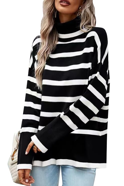 Image of Women's Turtleneck Oversized Sweaters Long Sleeve Split Hem Striped Knit Pullover Tops