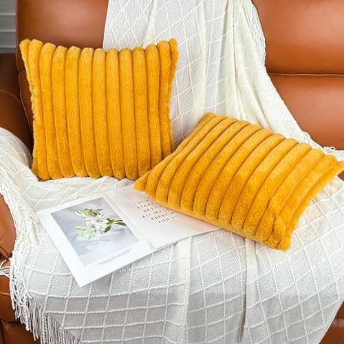 18x18 Throw Pillow Covers Set of 2, Decorative Faux Fur Covers for Bed, Couch Soft Fluffy Pillow Cover with Velvet Back for Living Room, Neutral Home Décor Accent for Sofa - Yolk Yellow