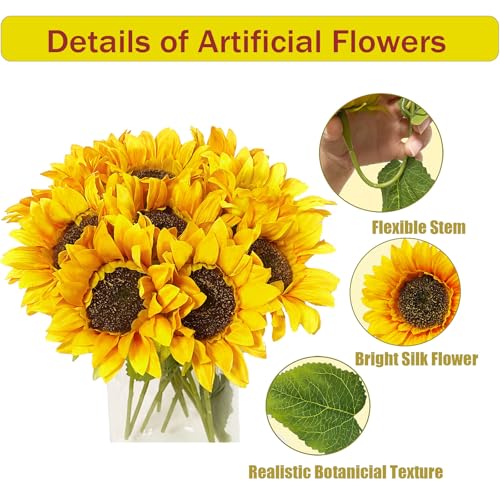 10PCS Sunflowers Artificial Flowers, Fake Silk Sunflower with Long Stem, Artificial Sunflowers for Fall Home Decor, Baby Shower, Wedding Decor and Cemetery Flowers Decor image 8