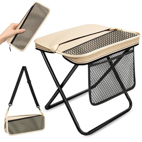 Image of XL Foldable Backpack Stool for Adults | 14.2 inch Wide Seat & Knee-Friendly Portable Folding Stool, Heavy Duty Collapsible Camping Seat for Fishing Travel - Khaki