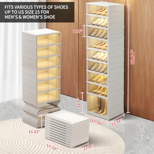 Image of CIMLORD 9-Tier Foldable Shoe Rack Organizer with Doors, 18 Pairs, White | Collapsible Narrow Plastic Shoe Cabinet Storage, Fits Boots&Sneakers, Stackable with Lids, Easy Assembly, for Closet&Entryway