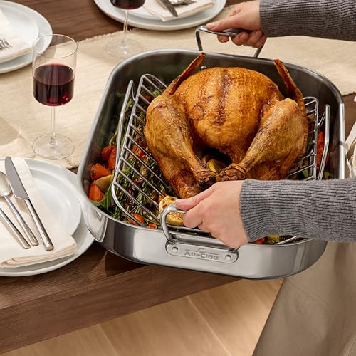 Image of All-Clad Specialty Stainless Steel Roaster with Rack 14x18 Inch Oven Broiler Safe 600F Roaster Pan, Pots and Pans, Bakeware, Silver