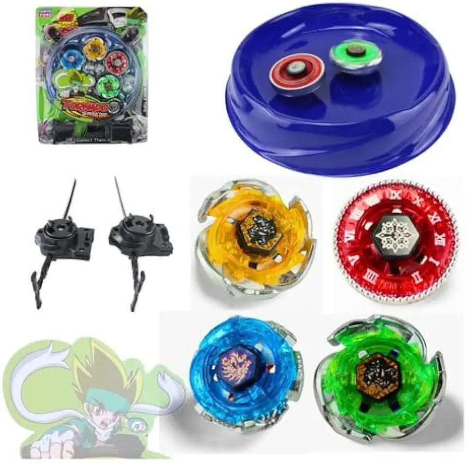 Genérico 4 Pião Metal Led + Lançador + Arena Resistente 20cm, Jogo de Pião, A partir de 3 anos