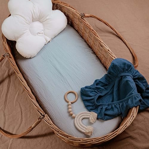 Image of Muslin Bassinet Fitted Sheets 2 Pack, Soft Breathable Cotton Baby Bassinet Mattress Sheet Set, 360 Elastic Snug Fit, Universal for Oval, Rectangle (Bright Colors, Bassinet Sheets 2 Pack)