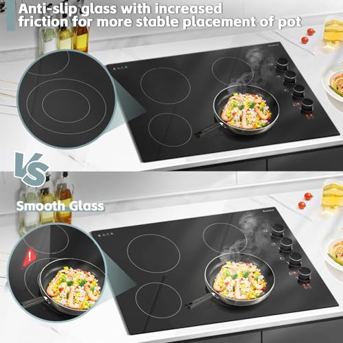 Image of Karinear 30 Inch Electric Cooktop 4 Burners, Knob Control Ceramic Cooktop | 30 inch Radiant Electric Stove Top, Glass Protection Metal Frame,Hot Surface Indicator, 220-240V, HardWire, No Plug, Black Knob