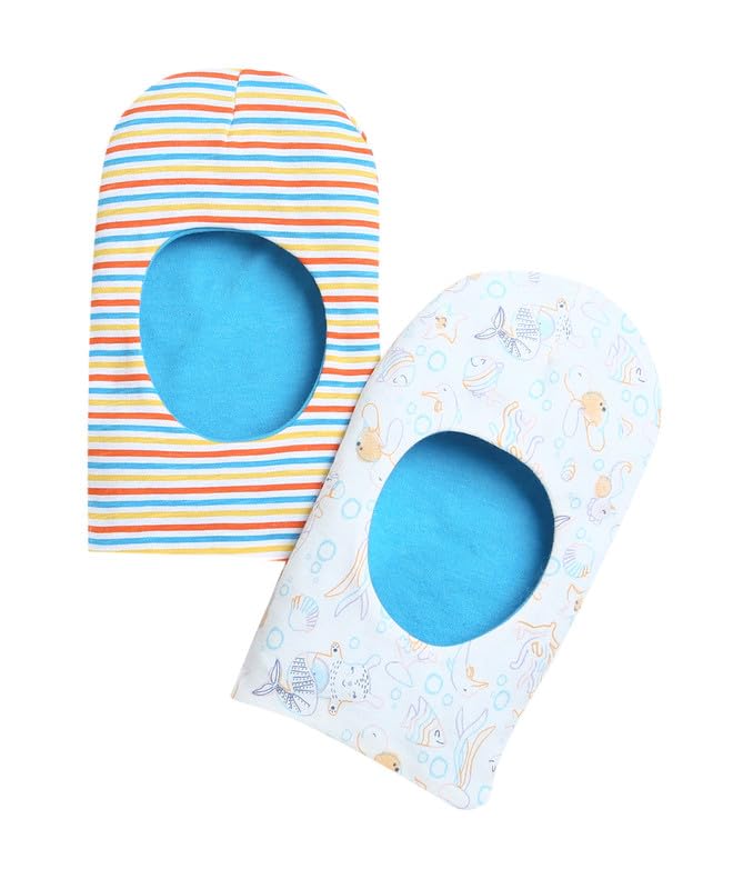 BUMZEE White & Multi Boys Cotton Reversible Monkey Cap Pack of 2 (Peb9536)