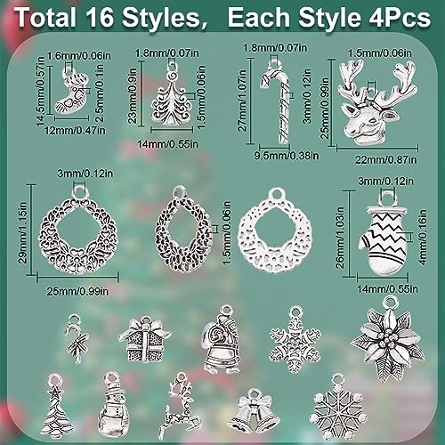 SUNNYCLUE 1 Box 64Pcs 16 Style Christmas Charm Bulk Silver Christmas Charm Tibetan Alloy Candy Snowflake Snowman Xmas Bell for jewellery Making DIY Necklace Bracelet - Image 2