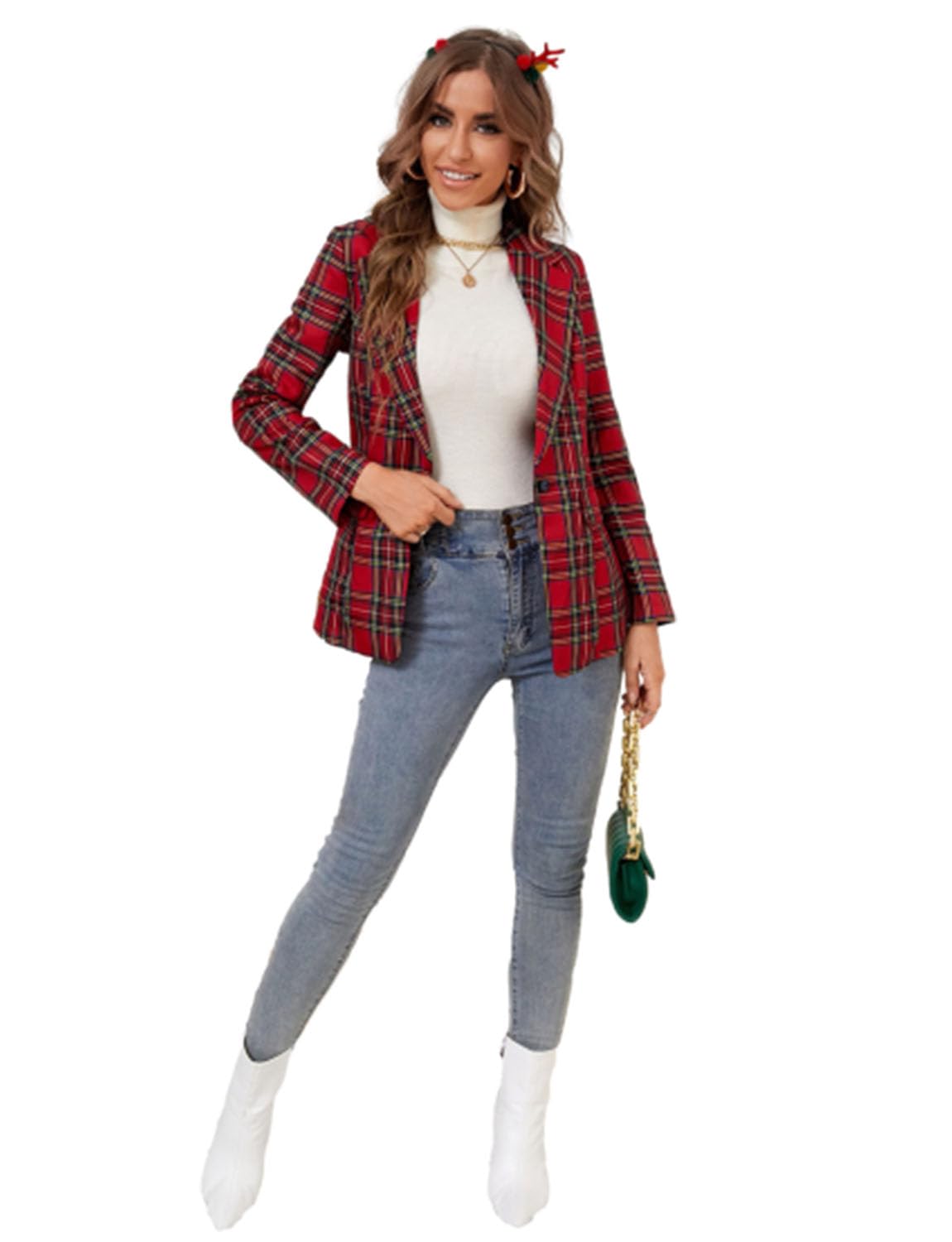 Womens Christmas Plaid Suit Coat Single Breasted Blazer for Work Activity