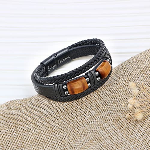 Joycuff Gifts For Men Black Leather Bracelets For Him From Girlfriend Wife Anniversary Birthday To My Man Bracelet Love You Forever With 2 Tigers Eye Stones Valentine's Day Christmas Gift #TOP5