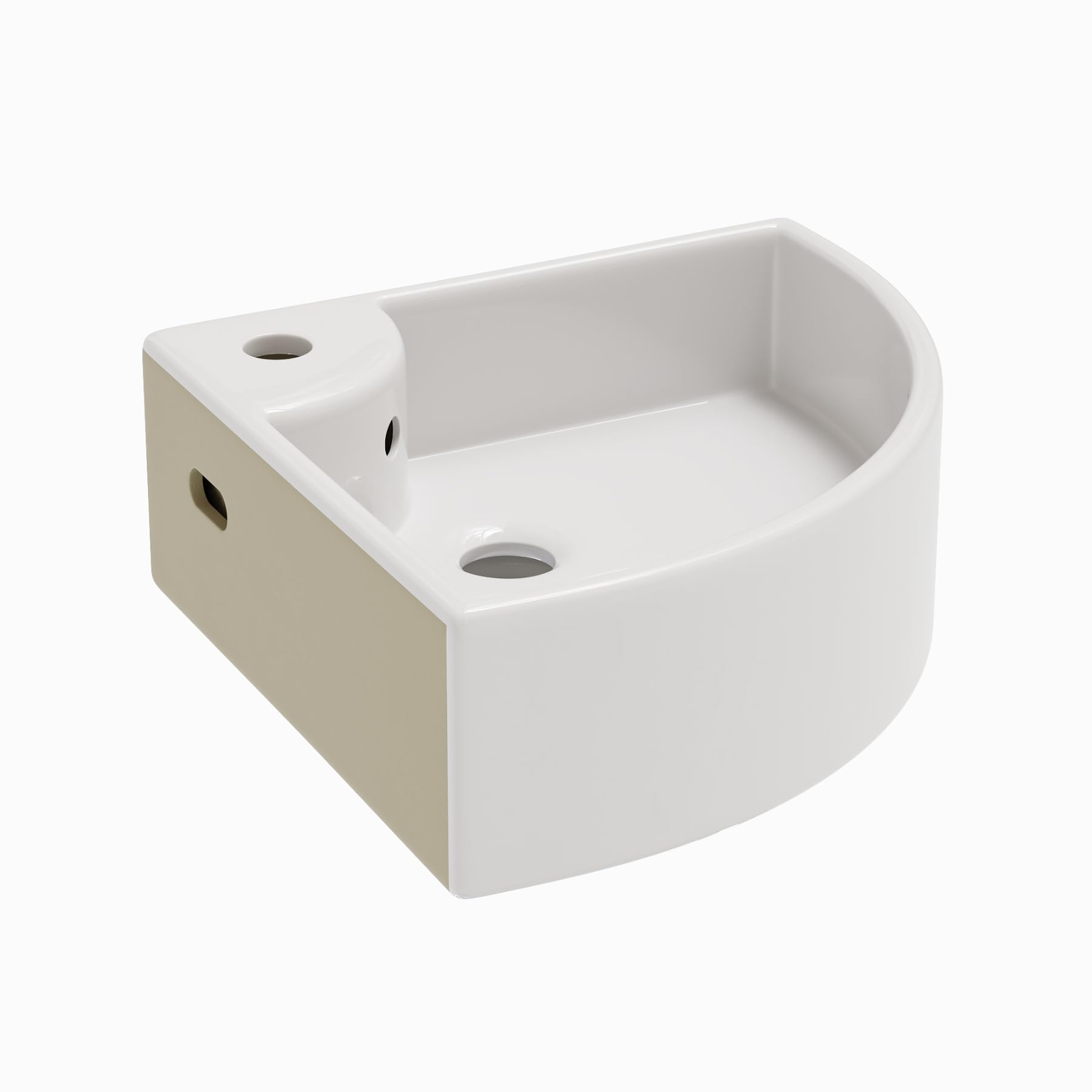 Lavabo esquinero pequeño de cerámica, 460 x 330 mm, blanco, pequeño lavabo para invitados y baños pequeños, montaje en pared o sobre encimera con orificio para grifo y rebosadero, diseño moderno de