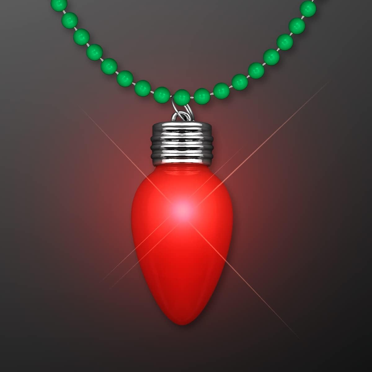 Blinking LED Red Light Up Bulb Christmas Necklace on Green Mardi Gras Beads (Party Favor Set of 12)