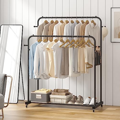 Laiensia-Double-Rods-Garment-Rack-with-Wheels-Clothing-Rack-for-Hanging-Clothes4-Hooks-Multi-functional-Bedroom-Clothes-Rack-Black