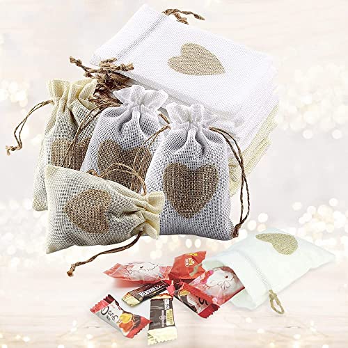 skytowards 20 PCS Sachet en Toile de Jute, Motif de Coeur Pochette en Jute avec Cordon de Serrage Sac Cadeau Jute pour Bonbons Adeaux Cadeau Baptême Anniversaire Noël, 14x10cm Cover