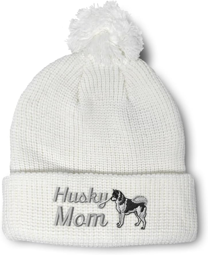 Pom Pom Beanies for Women Siberian Mom Husky Dog Pet Embroidery Skull Cap Winter Hats for Men One Size