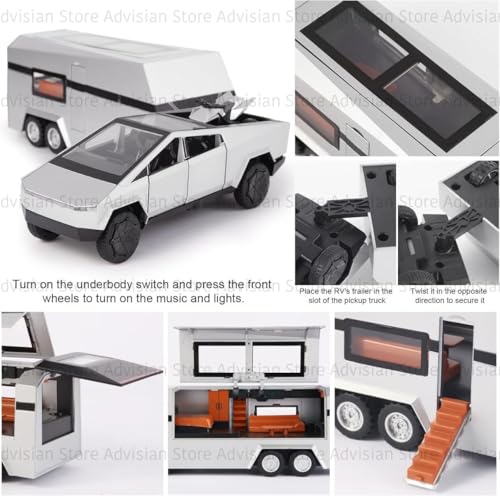 Image of 1:32 Scale Die-Cast Tesla CyberTruck with Pick-Up Trailer with 6 Openable Doors Pull Back Toy Car with Lights & MusicToy Car Gift for Kids (1:32 Cybertruck Trailer - Silver)