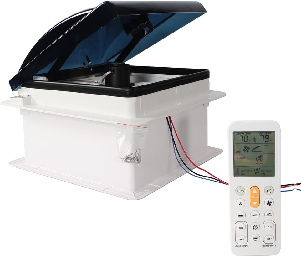 14'' RV Roof Vent 12V 10 speeds Reversible Fan Auto Remote Control Removable Insect Net RV Caravan Trailer Van (Smoke Lid)