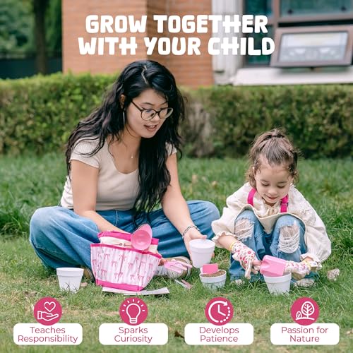ROBUD Kids Gardening Set 18 PCS Bow Theme Garden Tools for Kids with Storage Bag, Apron, Waterproof Gloves, and Planting Cards – Educational Outdoor STEM Gardening Toy Gift for Girls and Toddlers - Thumbnail 5