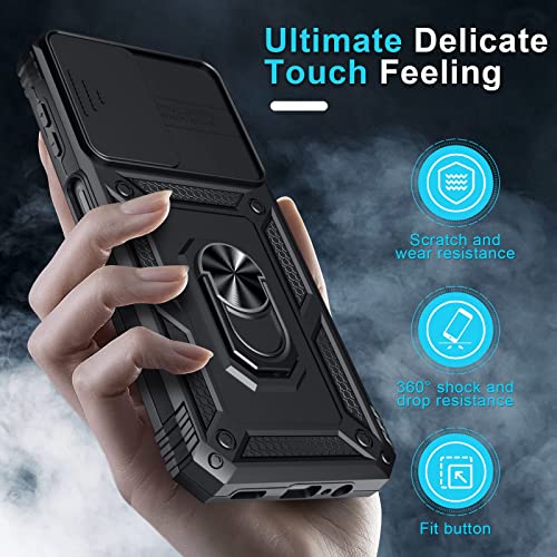 Janmitta Samsung Galaxy A14 5G Case Built In Slide Camera Lens Cover And Screen Protector,Heavy Duty Shockproof Full Body Protective Phone Cover,Built In Finger Ring Stable Holder Kickstand,2023 Black #TOP5