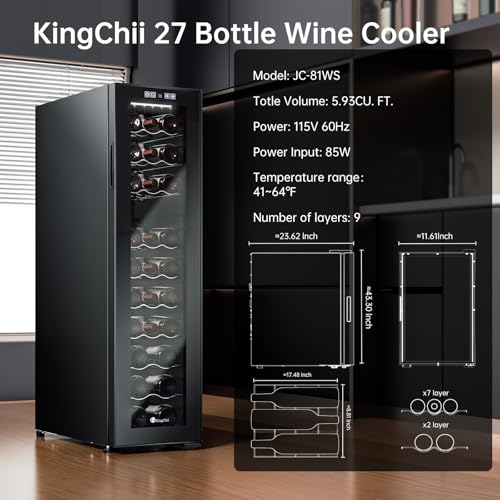 Image of KingChii 27 Bottle Wine Cooler Refrigerator Freestanding Wine Fridge - Intelligent Digital Control, Low Noise Professional Compressor, Stainless Steel & Tempered Glass for Home, Office, or Kitchen