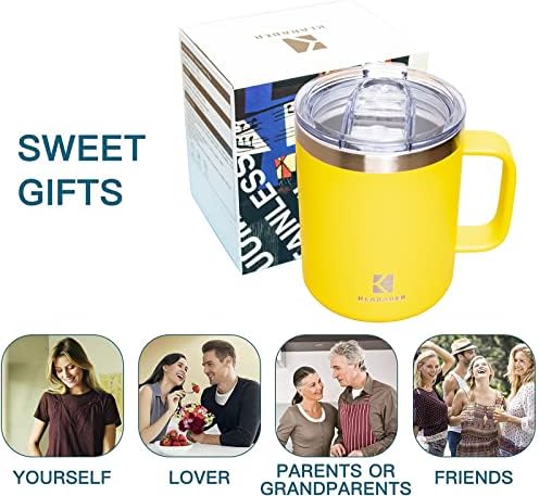 Klaraber Thermal Mug with Handle, Vacuum Insulated Mug with Lid, Stainless Steel Coffee Mug, Tea Cup, Double Walled Travel Mug, Camping Mug, Beer Mug, Spill Proof, Reusable, 350 ml / 12 oz (Yellow)