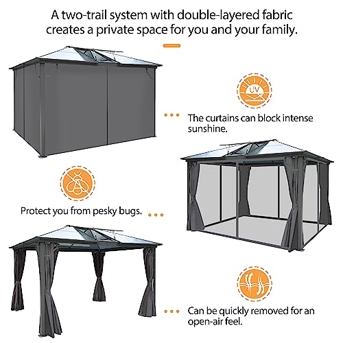 Funny Sunny 10' X 12' Hardtop Gazebo, Outdoor Gazebo With Translucent Roof, Polycarbonate Top Aluminum Frame Garden Tent With Breathable Mesh And Privacy Curtains For Patio Lawn Garden Backyard, Gray #TOP4