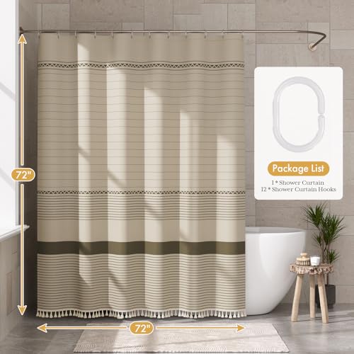 Image of AmazerBath Farmhouse Shower Curtain, Brown Shower Curtain Set with Tassels, Rustic Faux Linen Brown Striped Boho Shower Curtain with Hooks, Warm Tan Toned, 72x72 Inches