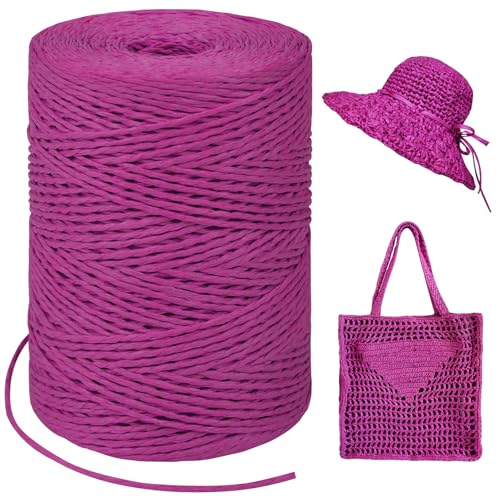Image of Rose Red Raffia Yarn for Crochet Bags, 1.5mm x 328 Yards Round String Raffia Ribbon for Gift Wrapping, Raffia Paper Ribbon Yarn for Crocheting Sun Hat, Bag, DIY Crafts, Holiday Decoration
