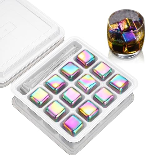 12 Stück 2.5cm farbige Edelstahl Eiswürfel - Wiederverwendbare Whisky-Steine sicher & geruchlos glatt & leicht zu reinigen rostfrei für Whisky/Cocktails/Getränke aller Art ideal für Partys & Bars