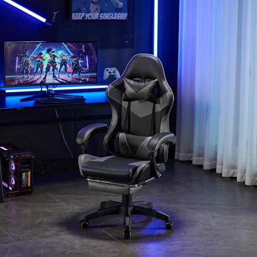 Koaris Gaming Stuhl aus Leder, 360° drehbar & ergonomisch mit Kopf-, Lenden- & Fußstütze, Schwarz/Grau