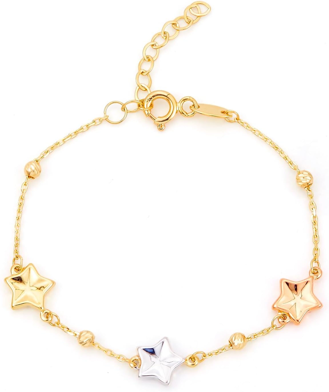 14k Tri Color Gold Star Bracelet - 5+1"