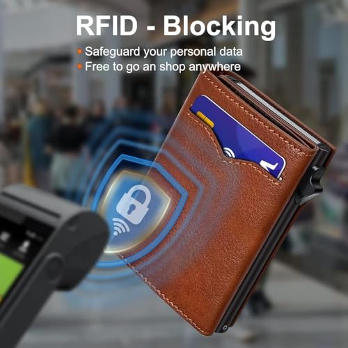 RFID Blocking Trifold Wallet for Men – Genuine Oil-Wax Leather Slim Vertical Bifold, 9 Card Slots, ID Window, Bill Compartment, Travel-Safe Gift (Light brown)4