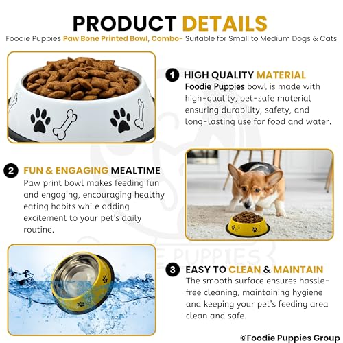 Image of Foodie Puppies Stainless Steel Dog Bowl Combo - (Medium, 700ml) Food and Water Feeding Gift Bowl | Suitable for Dogs, Cats and Other Pets I Paw Bone Print, Anti-Skid Rubber Base (White + Yellow)