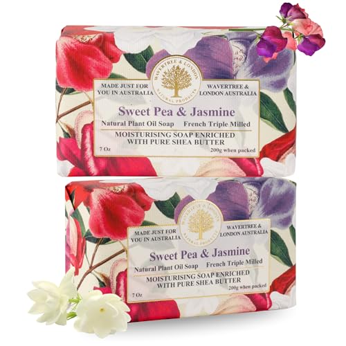 Wavertree &amp; London Sweet Pea &amp; Jasmine Scented Natural Soap (2 Bars), 7oz Moisturizing French Triple Milled Soap Bars enriched with shea butter - Pure Plant Based Bath &amp; Body Bars for All Skin Types