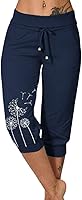 Vista 6 de Pantalones capri para mujer, estampado de diente de león, pantalones capri con cordón de cintura alta, elásticos, pantalones cortos de verano
