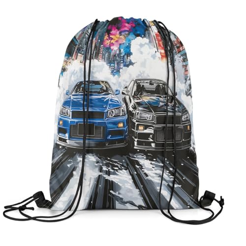Speed Racing Car Drawstring Backpack,Modern Extreme Sports Drawstring Bag,Watercolor Street Building Adjustable Draw String Bag,Lightweight3