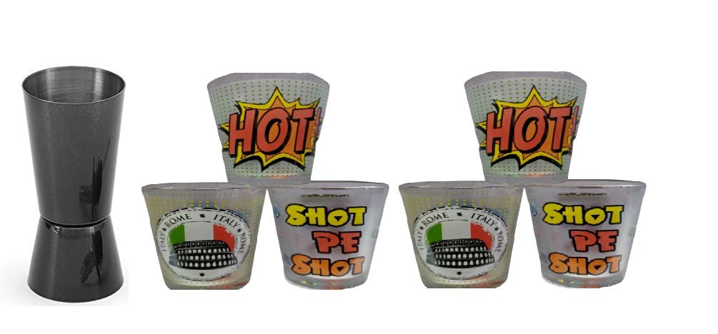 Prego Frosted Printed Tequila Shot 60 ml Glass with Peg Measurer Set of 11 (Design May Vary)