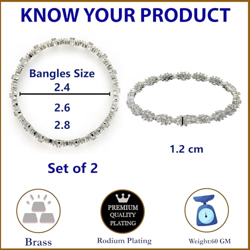 Image of ZENEME Rhodium-Plated Silver Toned White American Diamond Studded Bangle Set for Women and Girls