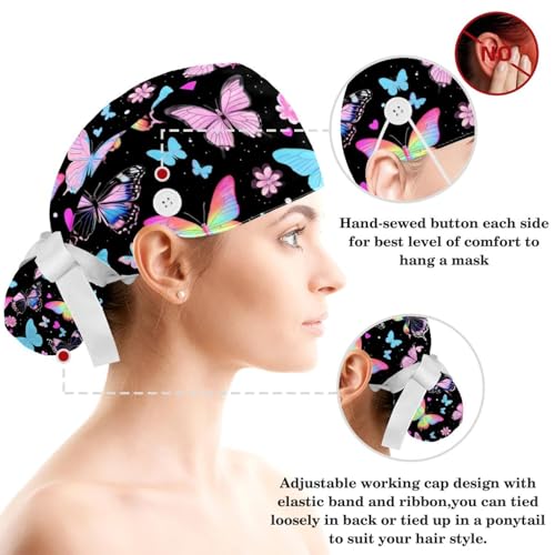 Image of Butterfly Scrub Cap Women with Ponytail & Buttons Adjustable Surgical Nurse Hat with Cotton Sweatband for Long Hair