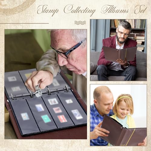 Image of Stamp Collecting Album Binder Kit for Collectors, 1 /2 /3 /4 Rows Banknotes Storage Book with 20 Stamp Pages, 4 Ring Binder, Tweezers and Magnifier, for Paper Money Bill Postage, Beginner Hobbyists Gift